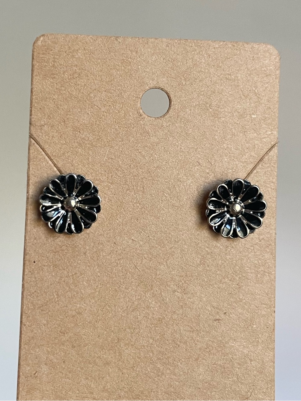 Silver and Black Floral Stud Earrings - Elegant Women Jewelry